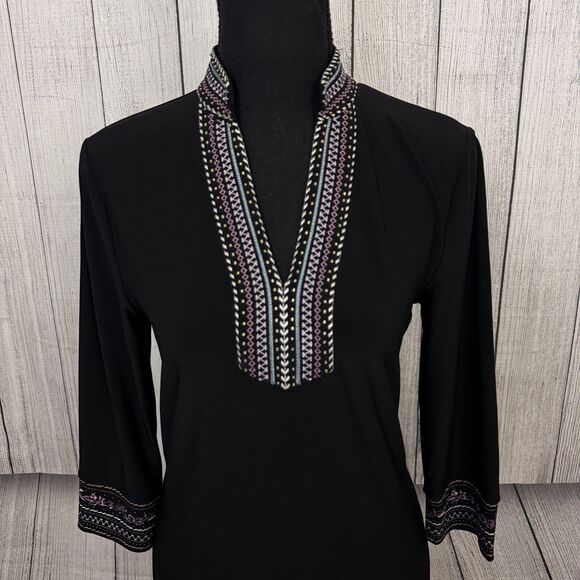 WHBM Women's Small Black Embroidered Trim Stretch Shift 3/4 Sleeve Dress - Picture 2 of 7